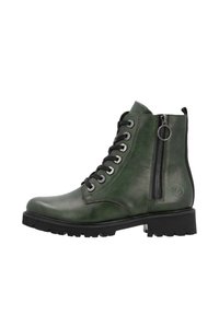 Bottine en cuir vert avec un bout rond, lacets noirs, fermeture éclair sur le côté et semelle texturée. Présente un léger talon et un design durable.