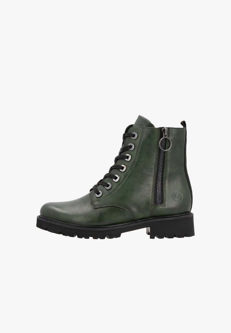 Green leather ankle boot with a round toe, black laces, side zipper, and textured sole. Features a slight heel and durable design.