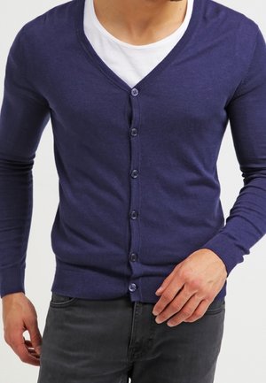 Cardigan blu navy in morbido materiale, con scollo a V, maniche lunghe e chiusura con bottoni, indossato sopra una T-shirt bianca.