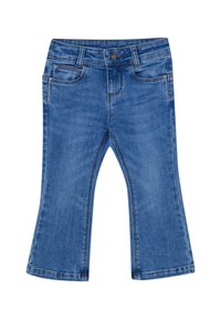 Jeans flare in denim con un lavaggio azzurro chiaro, dotati di cinque tasche, chiusura frontale con bottone e zip, e dettagli cuciti lungo le cuciture.