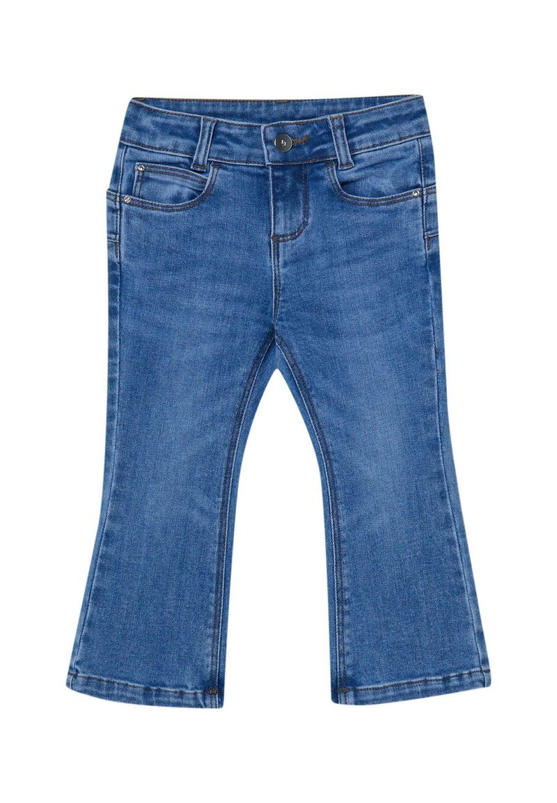 Jeans flare in denim con un lavaggio azzurro chiaro, dotati di cinque tasche, chiusura frontale con bottone e zip, e dettagli cuciti lungo le cuciture.