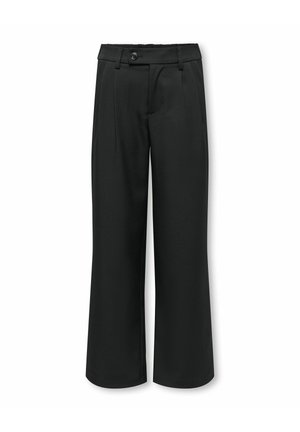 Pantalon noir taille haute à jambe droite avec passants de ceinture, bouton frontal et détails plissés sur fond blanc.
