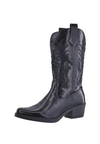 Botas de vaquero de cuero negro con punta afilada, patrones de costura western y tacón cuadrado. Incluyen una lengüeta para facilitar su calzado.