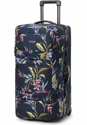 Donkerblauwe koffer op wieltjes met uitschuifbare handgreep, tropische bloemenprint in roze, geel, groen en meerdere met rits afsluitbare vakken.