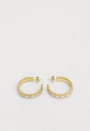 Gold hoop earrings featuring a beaded texture with clear rectangular accents, combining elegance with a modern design.