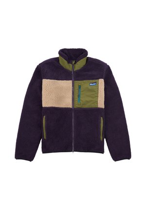 Fleecejacke in Lila, Beige und Grün, mit einer Reißverschlusstasche, hohem Kragen und weicher Textur mit Panelelementen.