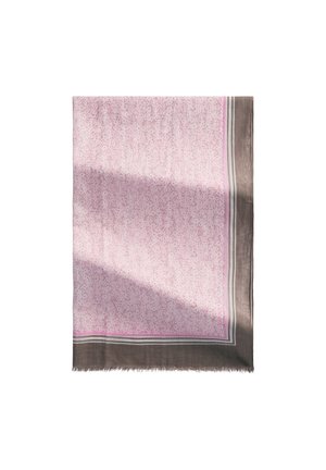 Hellrosa Schal mit kleinen dunklen Sprenkeln, eingefasst von dünnen weißen und rosa Linien und einem breiten braunen Rand mit Fransen am unteren Rand.