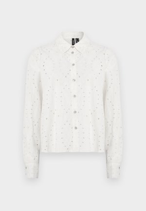 Cămașă albă cu nasturi, confecționată dintr-un material texturat, cu detalii brodate și modele mici decupate, guler clasic și mâneci lungi.