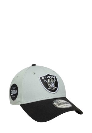 Black and light gray cap featuring a stitched Raiders logo on the front, an adjustable strap, and a structured visor with a curved shape.