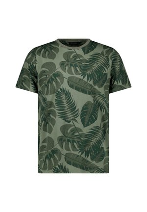 Groen t-shirt met korte mouwen en donkergroene tropische bladpatronen over de hele stof, ronde halslijn.