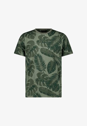Groen t-shirt met korte mouwen en donkergroene tropische bladpatronen over de hele stof, ronde halslijn.