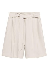 Shorts beige a vita alta realizzati in un tessuto morbido, con una cintura ampia con fiocco, pieghe frontali e tasche laterali.