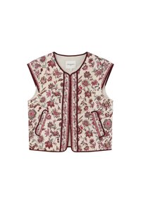 Mouwloze doorgestikte bodywarmer met roze en bruine bloemenprint, donkere bies en twee voorzakken, plat gelegd op een witte achtergrond.