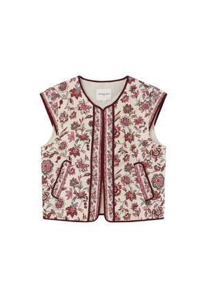 Veste sans manches matelassée avec motif floral rose et marron, bordure foncée, et deux poches avant, posée à plat sur fond blanc.