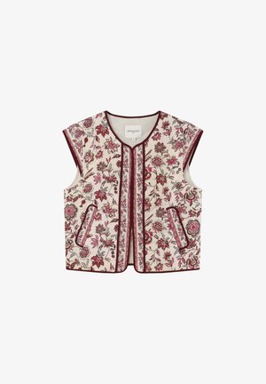 Mouwloze doorgestikte bodywarmer met roze en bruine bloemenprint, donkere bies en twee voorzakken, plat gelegd op een witte achtergrond.
