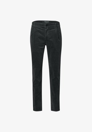 Pantalons en velours côtelé noir avec une coupe droite, dotés de deux poches avant et d'une fermeture à bouton. Texture lisse et design ajusté.