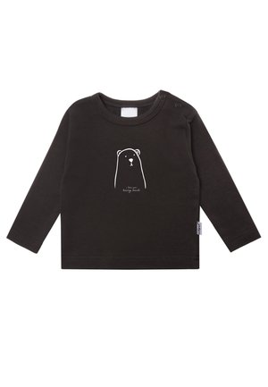 Schwarzes Langarmshirt aus Baumwolle mit einem weißen Bären-Design und dem Text "I love you beary much" auf der Vorderseite. Druckknöpfe an der Schulter.