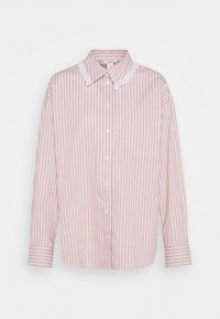 Stribet skjorte i blush pink med hvide striber, med en krave pyntet med blonde, lange ærmer og én brystlomme.