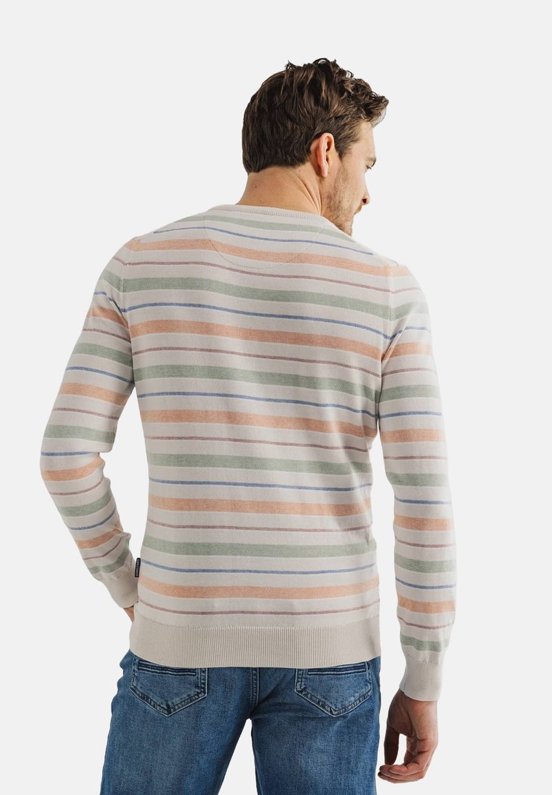 Lichte, langesleeve trui met horizontale strepen in pastelkleuren zoals perzik, groen en blauw, met geribde manchetten en onderkant.