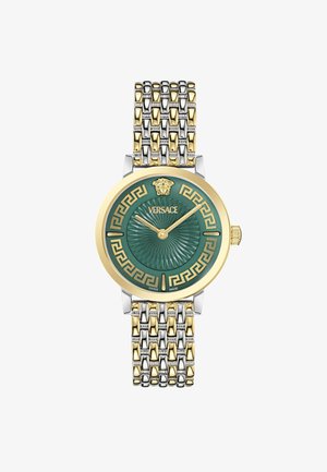 Hodinky Versace s zeleným rýhovaným ciferníkom, zlatým a strieborným kovovým náramkom, logom Medusa, zlatými akcentami a vzorovaným rámom.