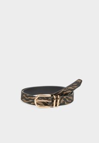 Cintura nera con motivo zigzag dorato metallico, dotata di una fibbia in metallo dorato e un interno in pelle liscia. Lunghezza regolabile.