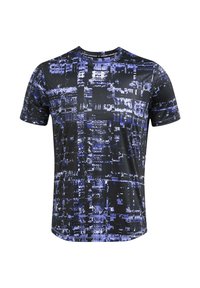 T-shirt à manches courtes en tissu léger ; présente un motif abstrait noir et bleu avec un col rond et une coupe ample.
