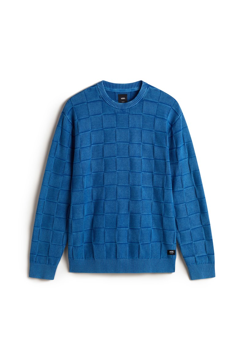 Blue knit sweater with a textured square pattern, round neckline, and ribbed cuffs and waistband. Made from a soft fabric.