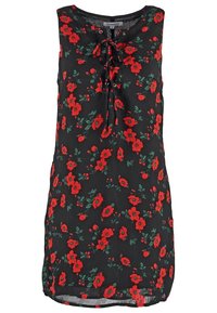 Schwarzes ärmelloses Kleid mit rotem Blumenmuster und vornem Schnürkragen, Größe S.