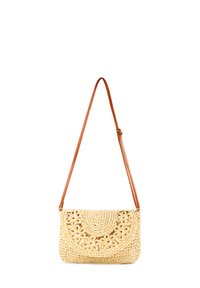 Woven straw handbag with a patterned front, tan leather strap, rectangular shape, and intricate crochet detailing in a natural color.