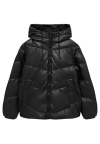 Chaqueta de plumas negra fabricada con material brillante, con capucha, cierre frontal de cremallera y dos bolsillos laterales con botones de presión.