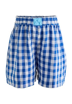 Blue and white checkered shorts with elastic waistband and a small blue patch featuring a wave design at the center front.