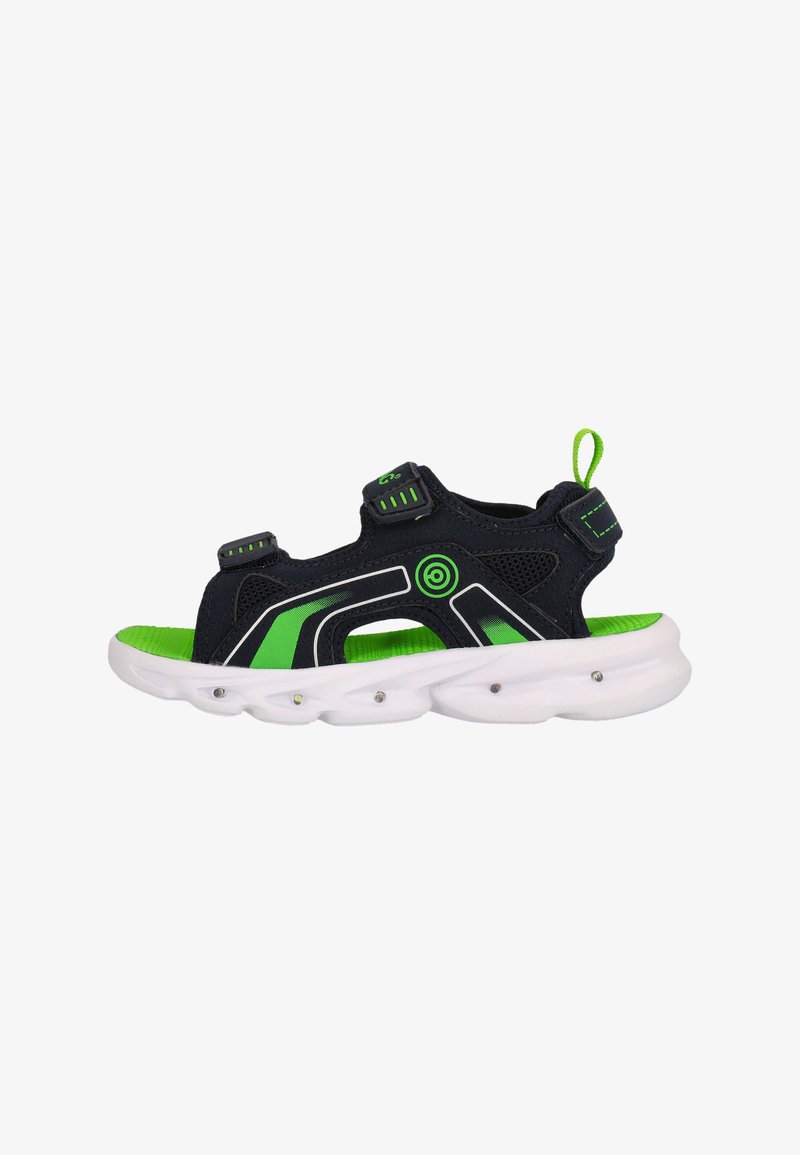 Navy blue athletic sandal with green accents, mesh upper, two adjustable straps, white cushioned sole, and textured grip on the footbed.