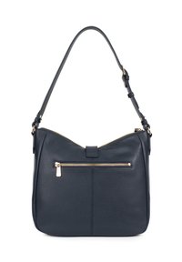 Borsa a spalla in pelle blu navy con tasca con zip dorata, parte superiore curva, tracolla regolabile e texture liscia. Presenta una chiusura a patta frontale.