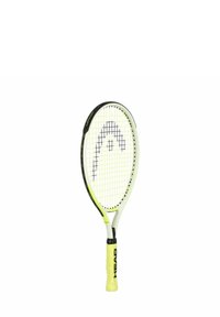 Tennis racket with a yellow and black design, oval head, and textured grip. Features a white string pattern with a logo near the top.
