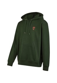 Green hoodie with a front pocket, drawstring hood, and small red bird logo on the left chest. Soft texture and loose fit design.