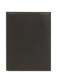 Portafoglio in pelle nera con cuciture marroni e logo goffrato "LANCASTER PARIS" al centro in basso sul fronte.