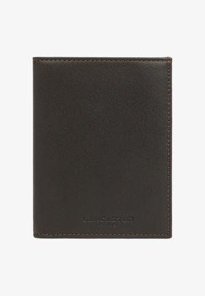 Portefeuille en cuir noir avec des coutures marron et logo en relief "LANCASTER PARIS" en bas au centre.