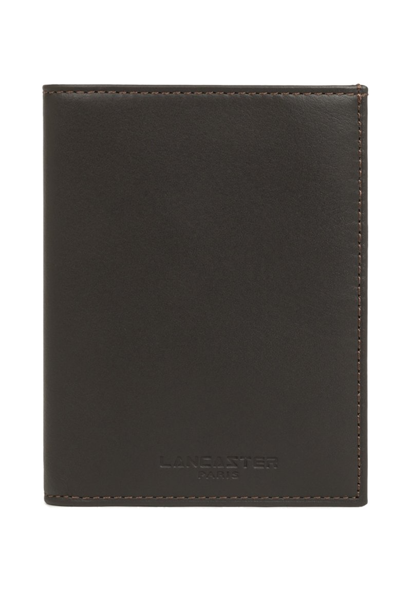 Portafoglio in pelle nera con cuciture marroni e logo goffrato "LANCASTER PARIS" al centro in basso sul fronte.