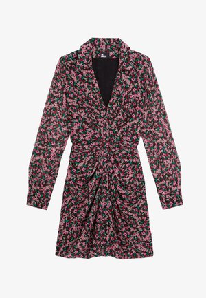 Robe fleurie noire à manches longues, avec un décolleté en V, des fronces à la taille et un motif multicolore de fleurs roses et vertes.