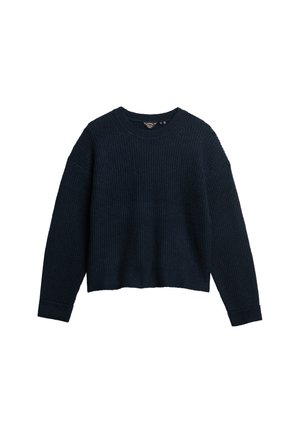 Suéter de punto navy con tejido texturizado, cuello redondo, hombros caídos y puños y dobladillo acanalados. Largo corto con un ajuste holgado.