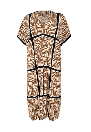 Robe à manches courtes avec un décolleté en V, ornée d'un motif géométrique de feuilles marron et beige, bordé de noir. Fabriquée en tissu léger.