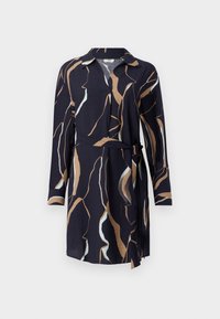 Robe enveloppante à manches longues de couleur marine avec des motifs abstraits en beige et bleu clair en vagues, et une ceinture en tissu nouée à la taille.
