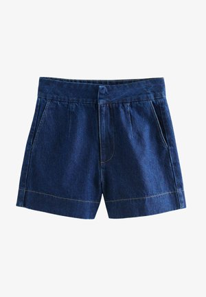 Denimshorts i mørkeblå, med en glat overflade, flad front med plisseringer og to sidelommer. Kontraststikning langs kanten.