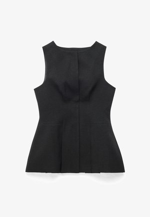 Čierny bezrukávový top s lodičkovým výstrihom, prispôsobeným pásom a jemnými vertikálnymi švami pre priliehavý siluetu.