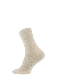 Calza in cotone beige con una sottile texture a macchie, bordo a coste e altezza a metà polpaccio. Adatta per l'uso casual o quotidiano.