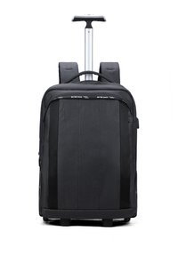 Zaino con ruote nere realizzato in tessuto resistente, dotato di due spallacci, una maniglia retrattile e multiple cuciture verticali.