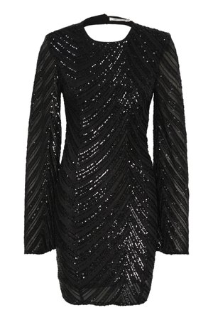 Rochie neagră din paiete cu mâneci lungi și decolteu rotund, având un model în valuri de paiete negre strălucitoare pe un material transparent.