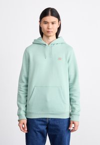 Light mint green hooded sweatshirt made of a soft fabric, featuring a front kangaroo pocket, ribbed cuffs, and a small logo patch on the chest.