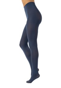 Collant trasparenti blu navy con una texture liscia e un alto elastico in vita. Progettati per adattarsi perfettamente, coprendo dalla vita alle dita dei piedi.