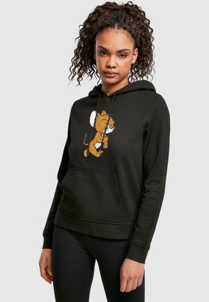 Black cotton hoodie with a kangaroo pocket, featuring a cartoon mouse graphic on the front. The design includes a drawstring hood and ribbed cuffs.